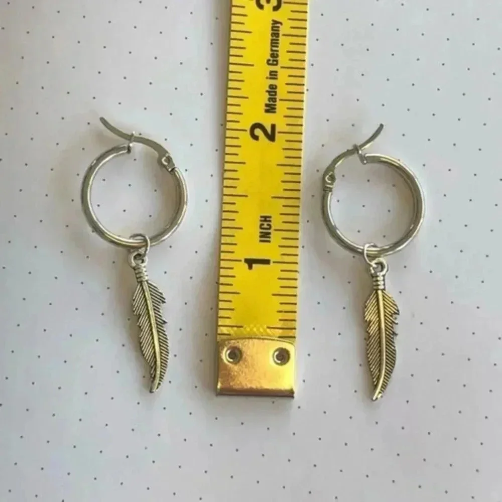 Feather Native Hoop Silver Stud Stainless Steel Earrings NWT New
